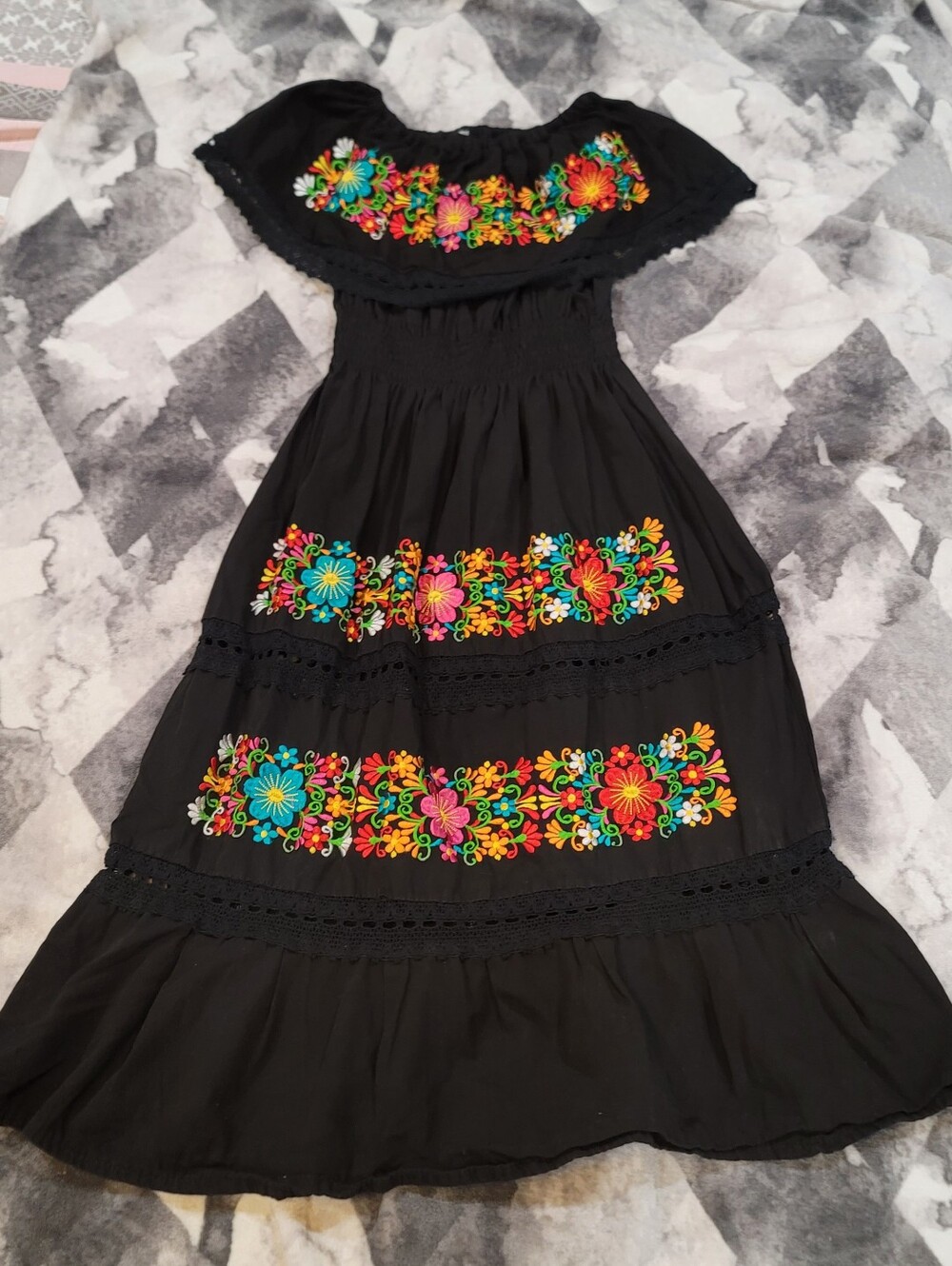 Black Embroidered Off-Shoulder Midi Dress